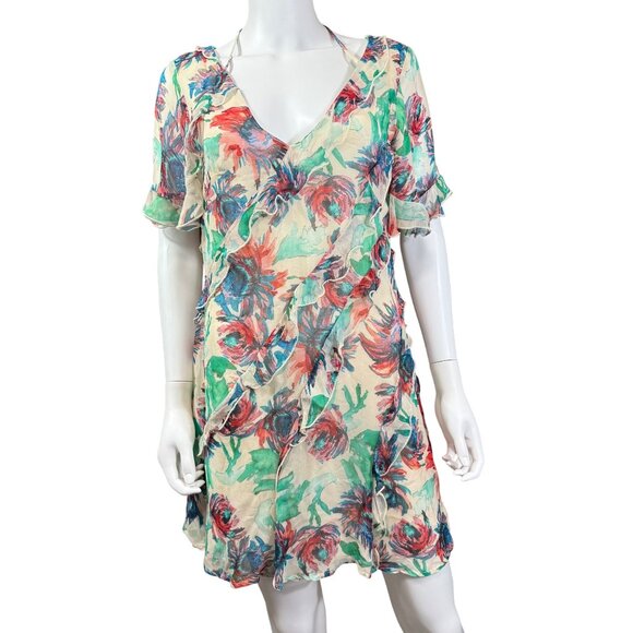 Anthropologie Floral Ruffle Sheer Tunic Dress Multicolor Size S V-Neck Flowy - Picture 1 of 6